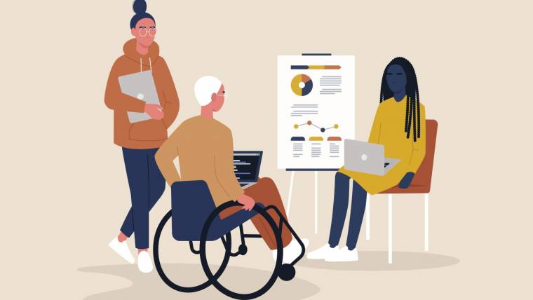 a drawing showing a diverse workplace with a Latinx person, a person in a wheelchair, and a person of color