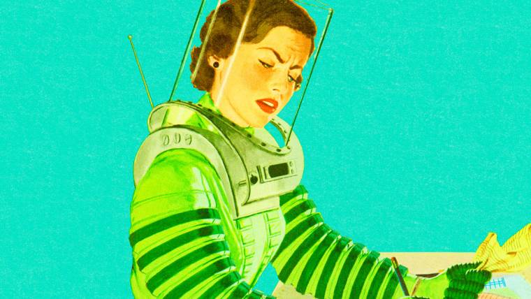 illustration of annoyed woman in a spacesuit writing a note and crumpling a paper