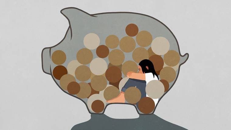 drawing of an unhappy person sitting inside of a piggy bank with coins