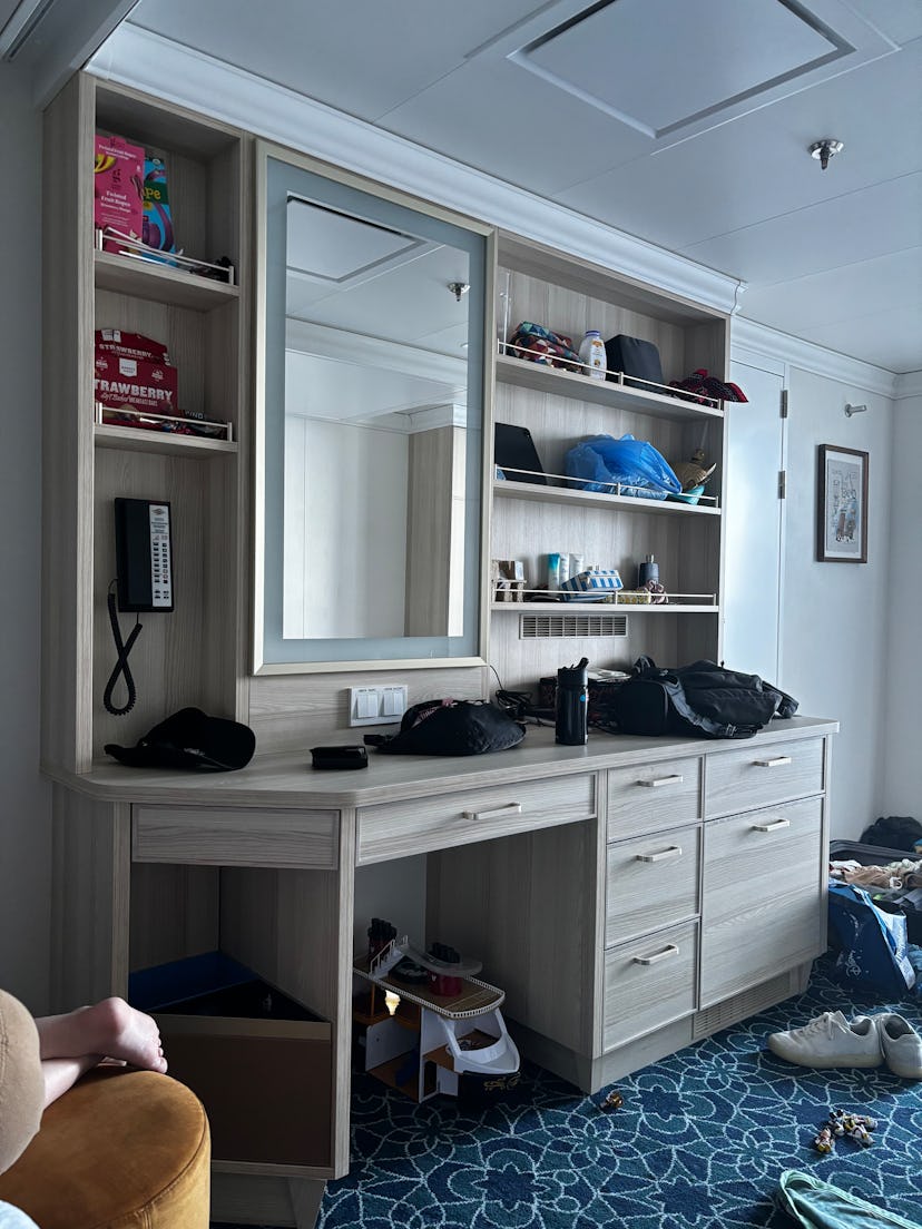 Large vanity and storage in the staterooms of the Disney Treasure